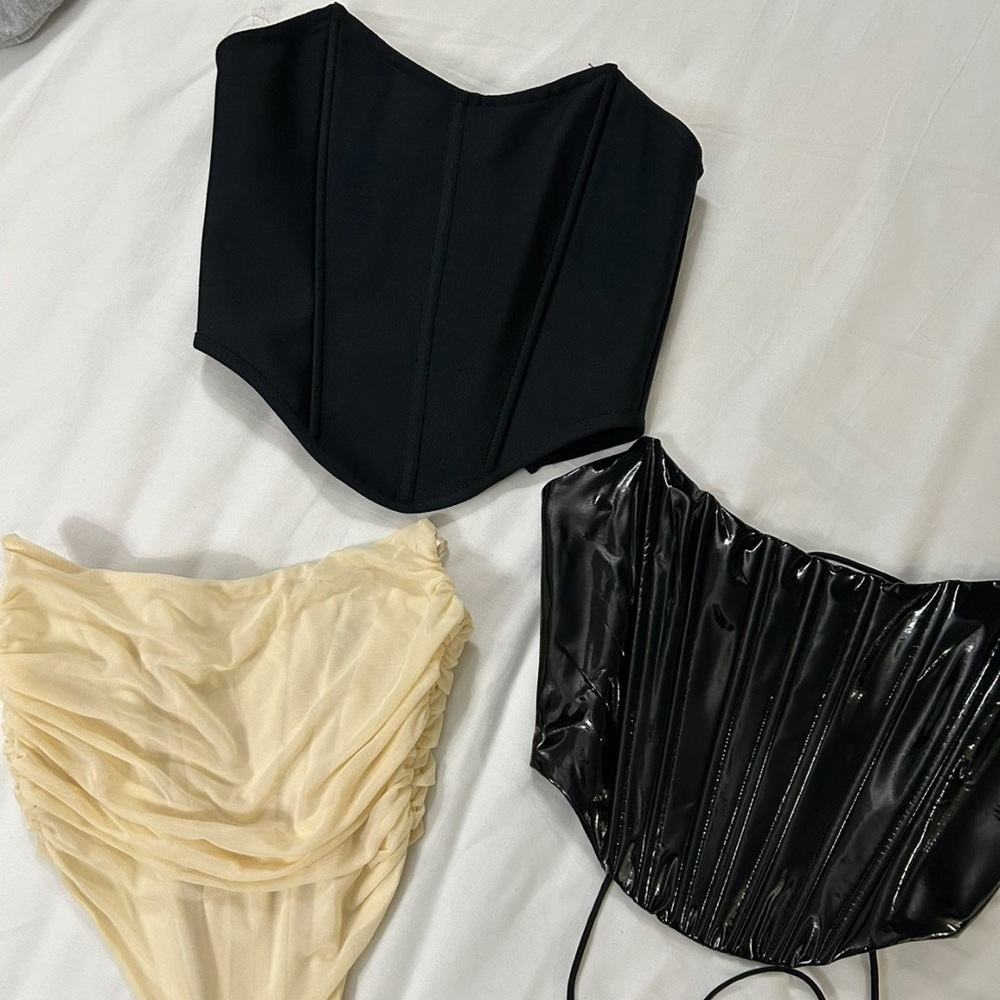 Black Corset Top, black leather, or beige